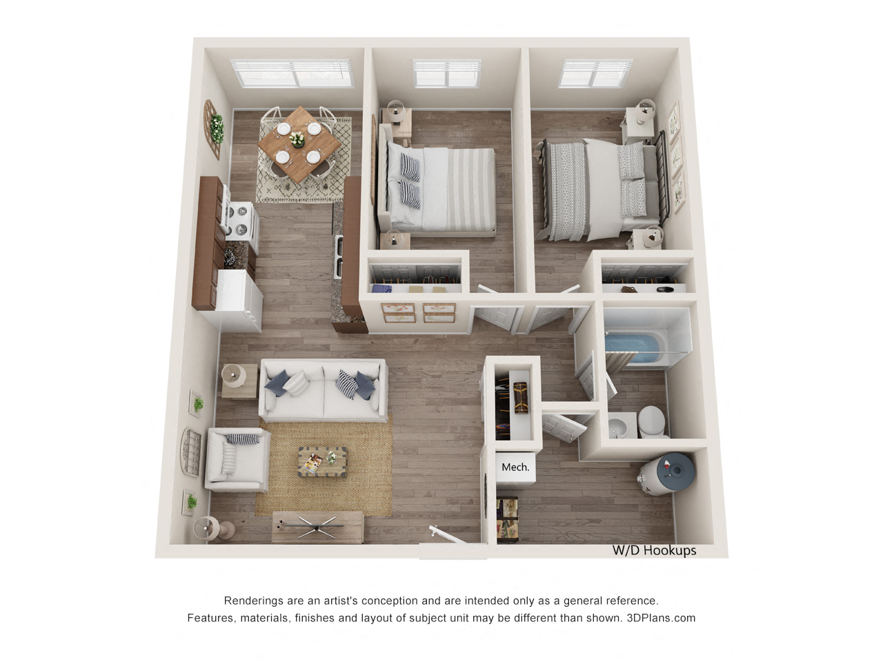 Floor plan for 2 beds, 1 bath, 835 sqft